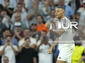 Kylian Mbappe centre-forward of Real Madrid and France celebrates after scoring his sides first goal during the UEFA Champions League 2024/2...