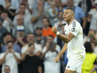 Kylian Mbappe centre-forward of Real Madrid and France celebrates after scoring his sides first goal during the UEFA Champions League 2024/2...