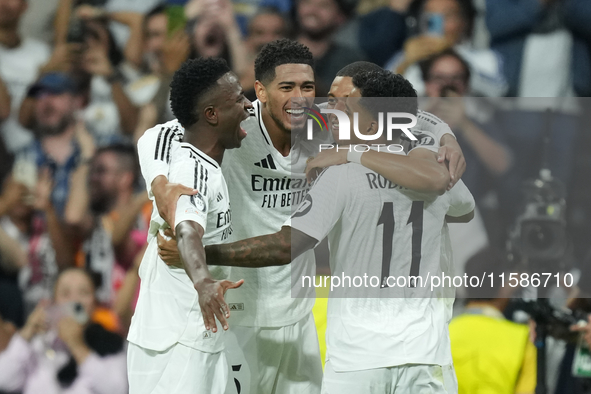 Kylian Mbappe centre-forward of Real Madrid and France celebrates after scoring his sides first goal qith Vinicius Junior, Jude Bellingham a...