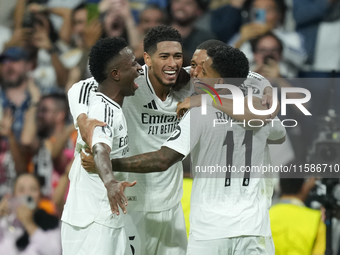 Kylian Mbappe centre-forward of Real Madrid and France celebrates after scoring his sides first goal qith Vinicius Junior, Jude Bellingham a...