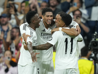 Kylian Mbappe centre-forward of Real Madrid and France celebrates after scoring his sides first goal qith Vinicius Junior, Jude Bellingham a...