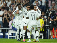 Kylian Mbappe centre-forward of Real Madrid and France celebrates after scoring his sides first goal qith Vinicius Junior, Jude Bellingham a...