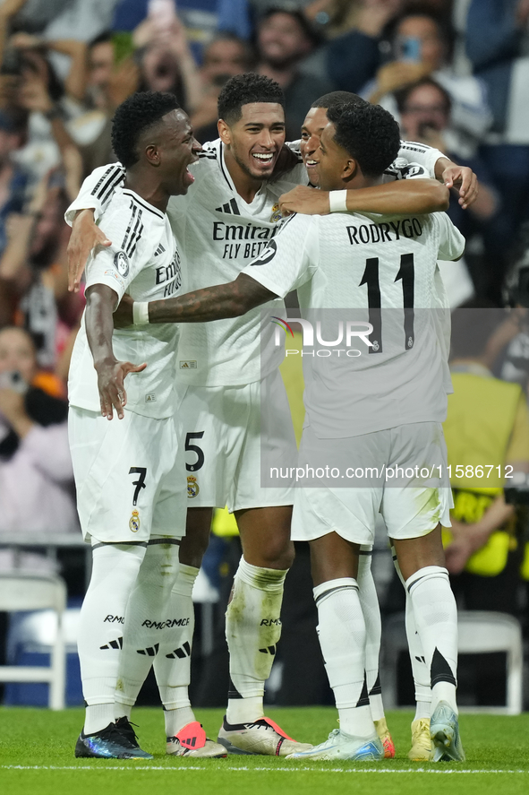 Kylian Mbappe centre-forward of Real Madrid and France celebrates after scoring his sides first goal qith Vinicius Junior, Jude Bellingham a...