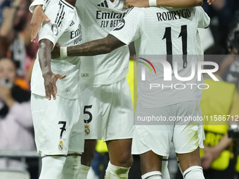 Kylian Mbappe centre-forward of Real Madrid and France celebrates after scoring his sides first goal qith Vinicius Junior, Jude Bellingham a...