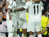 Kylian Mbappe centre-forward of Real Madrid and France celebrates after scoring his sides first goal qith Vinicius Junior, Jude Bellingham a...