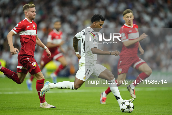 Rodrygo Goes right winger of Real Madrid and Brazil does passed during the UEFA Champions League 2024/25 League Phase MD1 match between Real...