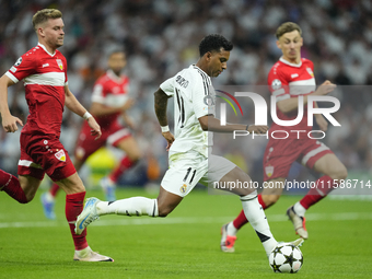 Rodrygo Goes right winger of Real Madrid and Brazil does passed during the UEFA Champions League 2024/25 League Phase MD1 match between Real...