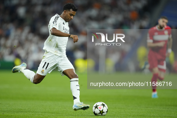 Rodrygo Goes right winger of Real Madrid and Brazil in action during the UEFA Champions League 2024/25 League Phase MD1 match between Real M...