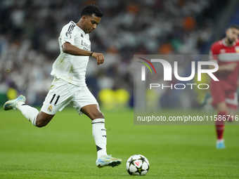 Rodrygo Goes right winger of Real Madrid and Brazil in action during the UEFA Champions League 2024/25 League Phase MD1 match between Real M...