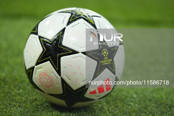 Match ball during the UEFA Champions League 2024/25 League Phase MD1 match between Real Madrid C.F. and VfB Stuttgart at Estadio Santiago Be...