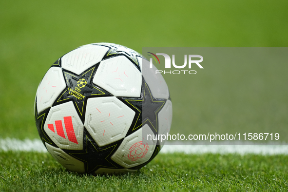 Match ball during the UEFA Champions League 2024/25 League Phase MD1 match between Real Madrid C.F. and VfB Stuttgart at Estadio Santiago Be...