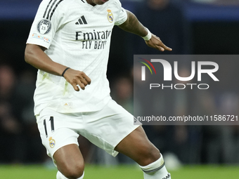 Rodrygo Goes right winger of Real Madrid and Brazil during the UEFA Champions League 2024/25 League Phase MD1 match between Real Madrid C.F....