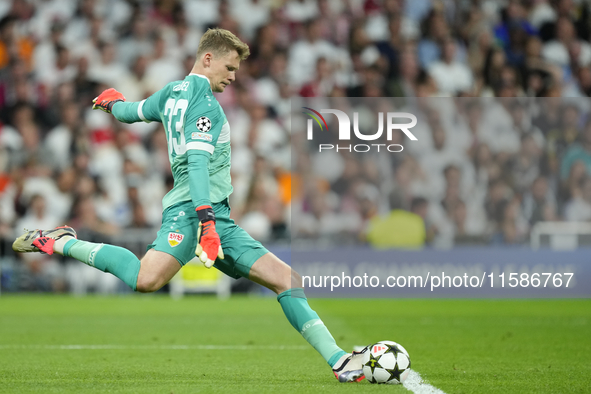 Alexander Nubel goalkeeper of Stuttgart and Germany does passed during the UEFA Champions League 2024/25 League Phase MD1 match between Real...