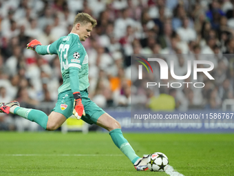 Alexander Nubel goalkeeper of Stuttgart and Germany does passed during the UEFA Champions League 2024/25 League Phase MD1 match between Real...