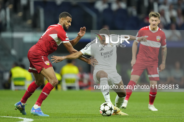 Kylian Mbappe centre-forward of Real Madrid and France and Josha Vagnoman right-back of Stuttgart and Germany compete for the ball during th...