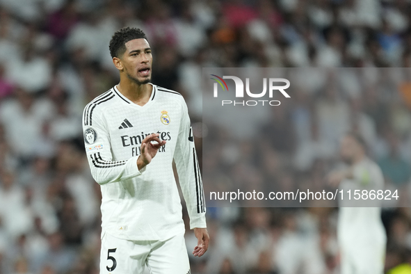 Jude Bellingham central midfield of Real Madrid and England  reacts during the UEFA Champions League 2024/25 League Phase MD1 match between...