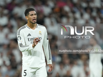 Jude Bellingham central midfield of Real Madrid and England  reacts during the UEFA Champions League 2024/25 League Phase MD1 match between...