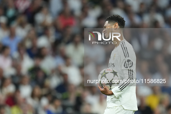 Jude Bellingham central midfield of Real Madrid and England reacts during the UEFA Champions League 2024/25 League Phase MD1 match between R...