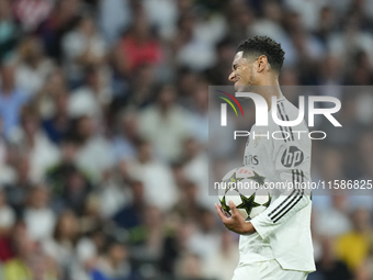 Jude Bellingham central midfield of Real Madrid and England reacts during the UEFA Champions League 2024/25 League Phase MD1 match between R...