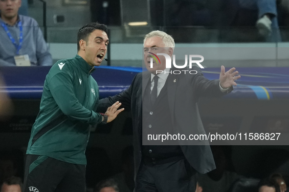 Carlo Ancelotti head coach of Real Madrid protest to referee during the UEFA Champions League 2024/25 League Phase MD1 match between Real Ma...