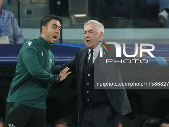 Carlo Ancelotti head coach of Real Madrid protest to referee during the UEFA Champions League 2024/25 League Phase MD1 match between Real Ma...