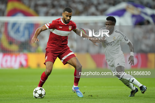 Josha Vagnoman right-back of Stuttgart and Germany and Vinicius Junior left winger of Real Madrid and Brazil compete for the ball during the...