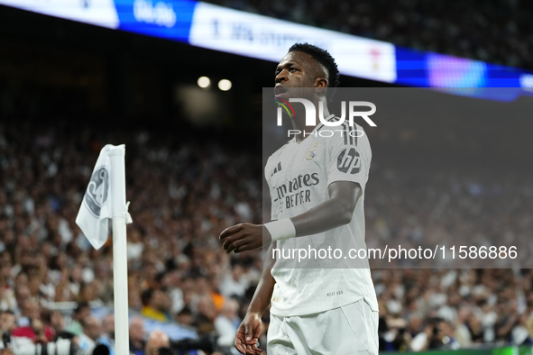 Vinicius Junior left winger of Real Madrid and Brazil during the UEFA Champions League 2024/25 League Phase MD1 match between Real Madrid C....