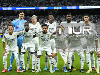 Real Madrid line up (L-R) Thibaut Courtois, Federico Valverde, Aurelien Tchouameni, Antonio Rudiger, Jude Bellingham, Lucas Vazquez, Ferland...