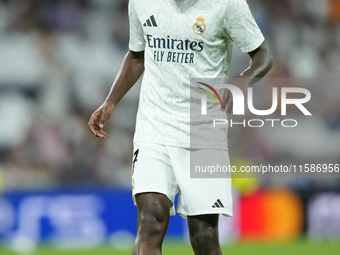 Vinicius Junior left winger of Real Madrid and Brazil during the warm-up before the UEFA Champions League 2024/25 League Phase MD1 match bet...