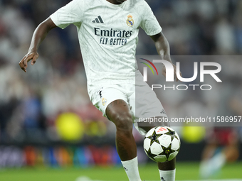 Vinicius Junior left winger of Real Madrid and Brazil  during the warm-up before the UEFA Champions League 2024/25 League Phase MD1 match be...