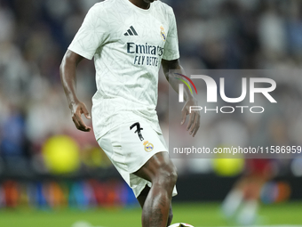 Vinicius Junior left winger of Real Madrid and Brazil  during the warm-up before the UEFA Champions League 2024/25 League Phase MD1 match be...