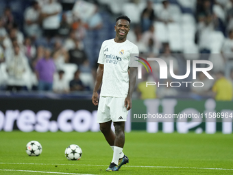 Vinicius Junior left winger of Real Madrid and Brazil  during the warm-up before the UEFA Champions League 2024/25 League Phase MD1 match be...