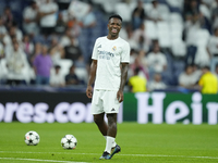 Vinicius Junior left winger of Real Madrid and Brazil  during the warm-up before the UEFA Champions League 2024/25 League Phase MD1 match be...