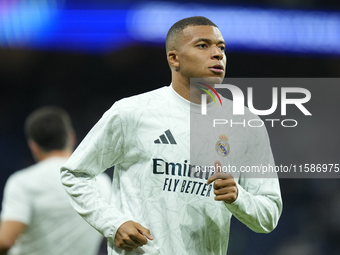 Kylian Mbappe centre-forward of Real Madrid and France during the warm-up before the UEFA Champions League 2024/25 League Phase MD1 match be...