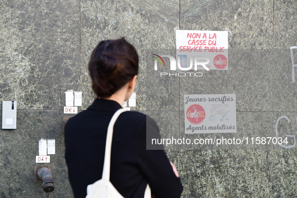 Several CGT demonstrators in front of the Lyon court protest against the elimination of posts in the youth judicial police in Lyon, France,...