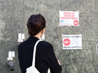 Several CGT demonstrators in front of the Lyon court protest against the elimination of posts in the youth judicial police in Lyon, France,...