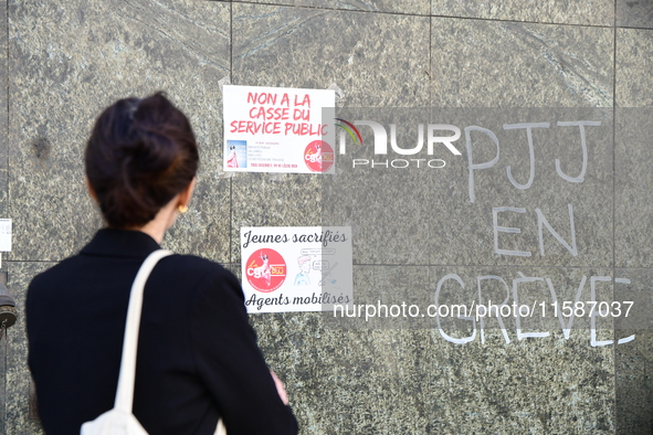 Several CGT demonstrators in front of the Lyon court protest against the elimination of posts in the youth judicial police in Lyon, France,...