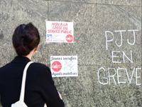 Several CGT demonstrators in front of the Lyon court protest against the elimination of posts in the youth judicial police in Lyon, France,...