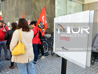 Several CGT demonstrators in front of the Lyon court protest against the elimination of posts in the youth judicial police in Lyon, France,...