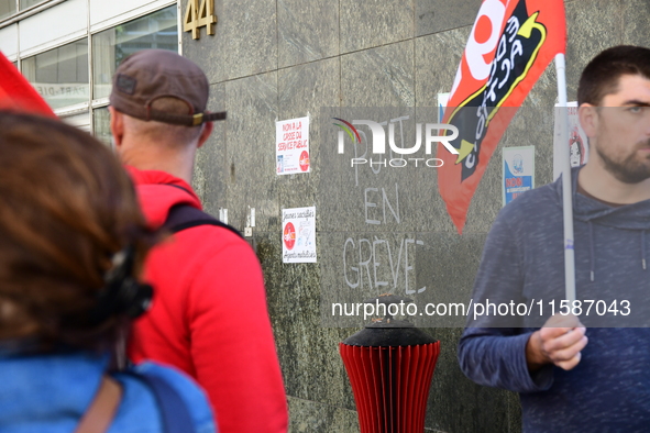 Several CGT demonstrators in front of the Lyon court protest against the elimination of posts in the youth judicial police in Lyon, France,...