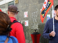 Several CGT demonstrators in front of the Lyon court protest against the elimination of posts in the youth judicial police in Lyon, France,...