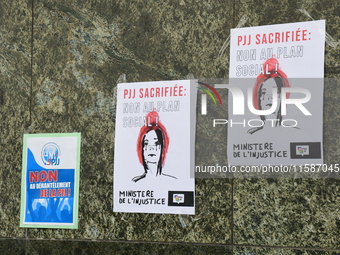 Several CGT demonstrators in front of the Lyon court protest against the elimination of posts in the youth judicial police in Lyon, France,...