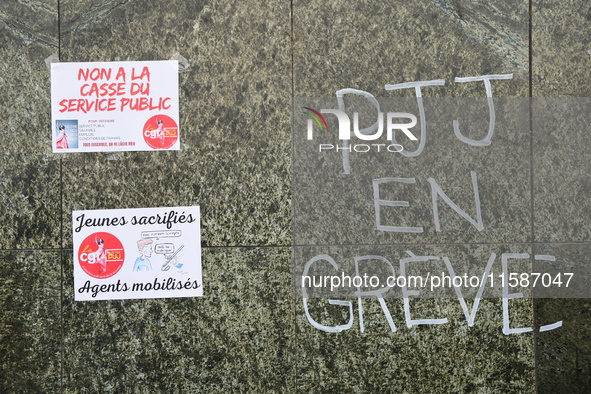 Several CGT demonstrators in front of the Lyon court protest against the elimination of posts in the youth judicial police in Lyon, France,...