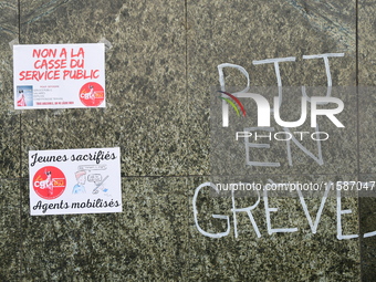 Several CGT demonstrators in front of the Lyon court protest against the elimination of posts in the youth judicial police in Lyon, France,...