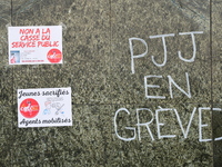 Several CGT demonstrators in front of the Lyon court protest against the elimination of posts in the youth judicial police in Lyon, France,...