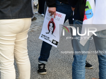 Several CGT demonstrators in front of the Lyon court protest against the elimination of posts in the youth judicial police in Lyon, France,...