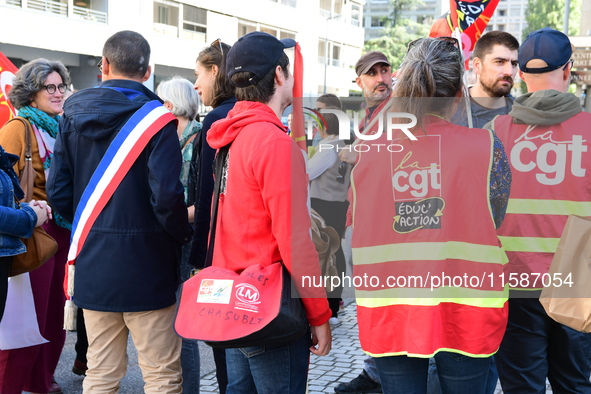 Several CGT demonstrators in front of the Lyon court protest against the elimination of posts in the youth judicial police in Lyon, France,...