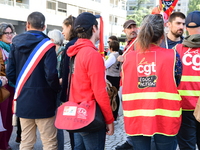 Several CGT demonstrators in front of the Lyon court protest against the elimination of posts in the youth judicial police in Lyon, France,...