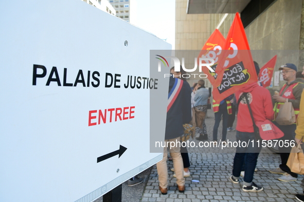 Several CGT demonstrators in front of the Lyon court protest against the elimination of posts in the youth judicial police in Lyon, France,...