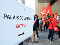 Several CGT demonstrators in front of the Lyon court protest against the elimination of posts in the youth judicial police in Lyon, France,...